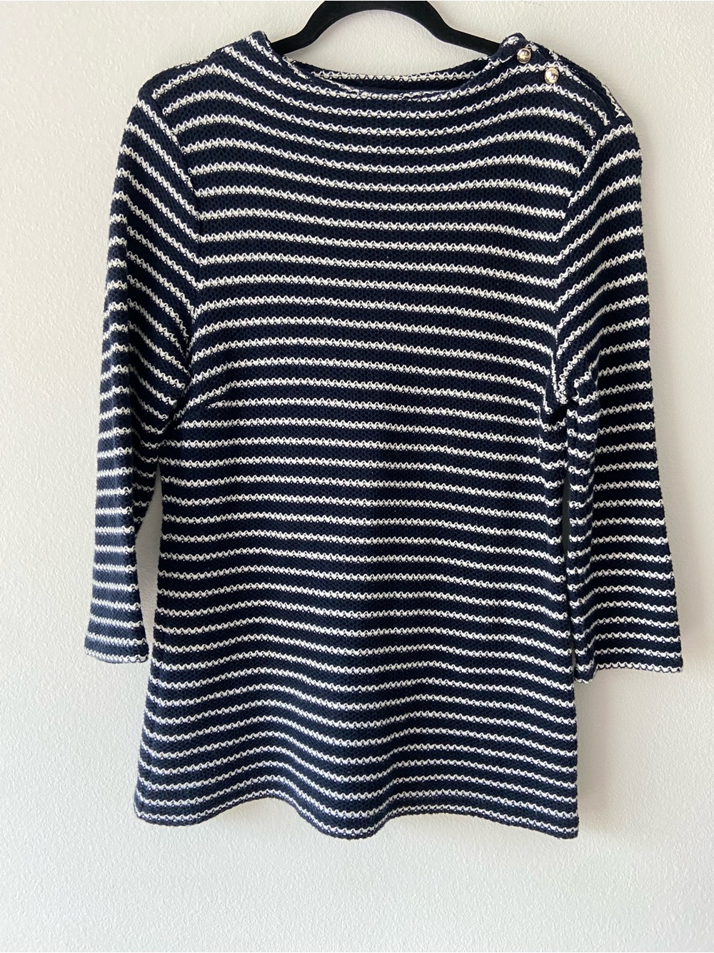 Talbots Navy White Striped Cotton Knit Top Gold Button Size Large